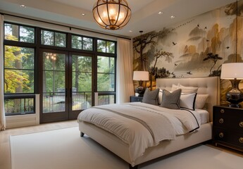 Wall Mural - Modern bedroom with elegant lighting, cozy beige bed, artistic wallpaper, & large window for natural light