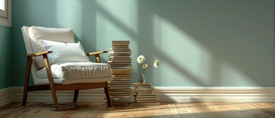 Book Nook Bliss: A cozy reading nook with a comfortable chair and a stack of inviting books beside it.