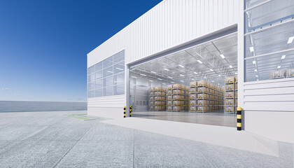 Warehouse or industry building exterior. known as distribution center and retail warehouse. Part of storage and shipping system. Included goods on shelf and brick paving or paving stone. 3d rendering.