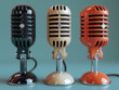 Some colorful microphones with a retro design with a plain colored background.