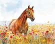 Vibrant and serene horse in a floral field, hand drawn watercolor in bright pastel colors, clear sky backdrop