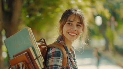 Wall Mural - Beautiful student woman with backpack and books outdoor. Smile girl happy carrying a lot of book in college campus. Portrait female on international University. Education, study, school