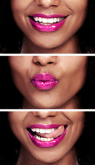 Poster - Pink lipstick, lips and collage in studio for fashion, woman and expression with black background. Mouth, teeth and kiss or close up on face for smile, passion and quirky attitude with glossy color