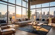 A large living room with a view of the city skyline