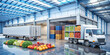 In a modern, cold warehouse, a truck is loaded with colourful crates of fruit and vegetables. Fresh fruit and vegetables are displayed on the mirrored warehouse floor.AI generated.