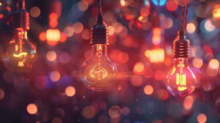 A close up of a light bulb with a blurry background. The light bulb is lit up and the background is blurry, giving the impression of a dreamy, ethereal atmosphere