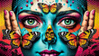 The brightly coloured, richly detailed graphic image shows a woman's face with striking green eyes, surrounded by vibrant butterfly wings that appear to be part of the make-up. AI generated.