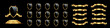 Black shields with golden frame, ribbons, pedestal vector set for emblem, badge, label. Royal medieval military armor collection isolated on black background. War trophy, heraldic symbol