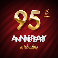 Wall Mural - 95 golden numbers, Anniversary white paper text and Celebrating word made of golden ribbons on red curtain background. Vector ninety fifth anniversary celebration event square template