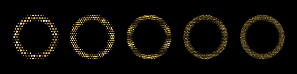 Wall Mural - Gold dotted luxury halftone round frames. Golden shining abstract background with light glow elements. Glitter pattern circle emblem. Modern futuristic graphic vector illustration set