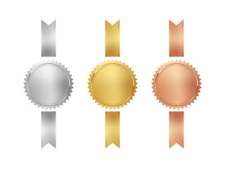 Wall Mural - gold, silver and bronze medals with vertical ribbons set vector illustration. 3d realistic award sea