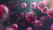 A bunch of red and pink viruses are floating in the air. The viruses are small and round, and they are scattered throughout the image. Scene is somewhat ominous