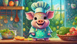oil painting staye CARTOON CHARACTER CUTE BABY Caucasian baby pig with smile dressed as a chef in the kitchen,