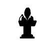Conference icon female person on podium symbol with microphone in glyph pictogram. Conference speaker icon on transparent background.



