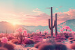 psychedelic vapor wave and surreal scenery with cactus in the desert, trippy sunset