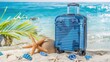 Summer travel concept with vintage suitcase and beach items on sandy shore against a sparkling ocean backdrop - AI generated