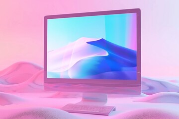 Wall Mural - An artistic 3D image of a computer monitor, with pastel-toned screensaver