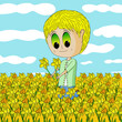 Cute boy in a yellow and orange daffodil field with blue sky