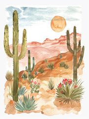 Wall Mural - Western desert watercolor illustration. Covered by various types of cacti with a background of barren hilly terrain.