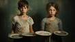 Emotive portrayal of impoverished children with empty plates, depicting the harsh reality of hunger and food insecurity.
