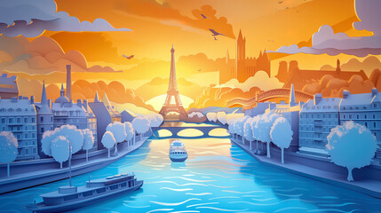 Wall Mural - An illustration in the style of paper-cut of paris cityscape by river seine at sunset