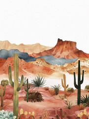 Wall Mural - Western desert watercolor illustration. Covered by various types of cacti with a background of barren hilly terrain.