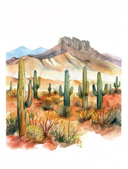 Wall Mural - Western desert watercolor illustration. Covered by various types of cacti with a background of barren hilly terrain.