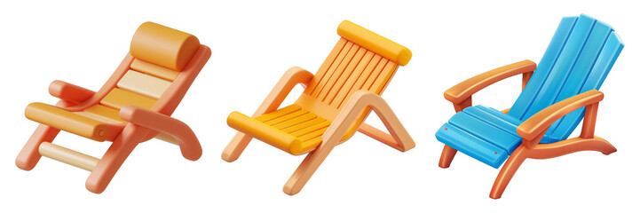 PNG beach chair 3d icons and objects collection, in cartoon style minimal on transparent, white background, isolate