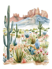 Wall Mural - Western desert watercolor illustration. Covered by various types of cacti with a background of barren hilly terrain.