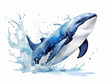 blue whale splash watercolor illustration isolated white background