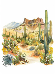 Western desert watercolor illustration. Covered by various types of cacti with a background of barren hilly terrain.