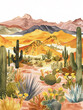 Western desert watercolor illustration. Covered by various types of cacti with a background of barren hilly terrain.