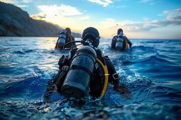 The golden light of dusk illuminates a scuba diver, capturing the vastness of the ocean and the solitude of the diving experience