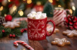 A red mug with hot chocolate inside and big white marshmallows on top, surrounded in the style of gingerbread cookies and candy canes on the table