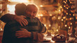 Captured during a holiday dinner, a senior father hugs his adult son in a warmly decorated dining room, reflecting a moment of familial love and gratitude. , natural light, soft sh