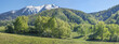 Panoramic view of mountain valley on spring day, green forests and snow on the peaks	