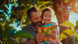 In the family's backyard, a child gives her father a colorful postcard, with both laughing and hugging under the shade of a tree, showcasing a casual, joyful family moment. , natur