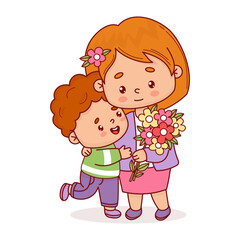 Wall Mural - Cute woman with her son and bouquet of flowers. Vector illustration flat style kawaii. Positive festive female character for birthday, Women's Day, Mother's Day design