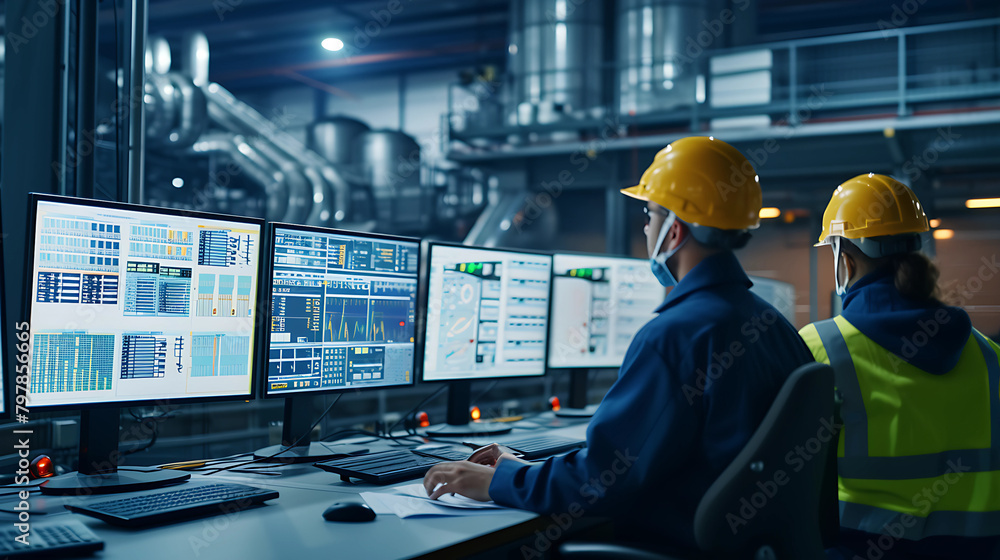 Workers operating control panels and monitoring screens in a high-tech ...