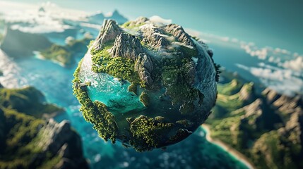 Wall Mural - Explore the beauty of tropical landscapes from above with this stunning 3D illustration of a floating globe showcasing lush mountains and sparkling seas.