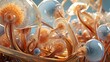 detailed painting of a bunch of jellyfish with a blue background
