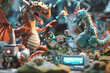 Bring to life a scene where mythical creatures encounter nanotechnology gadgets, resulting in comic mayhem Utilize a digital rendering technique to showcase the absurdity and humor of the situation fr