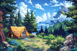 Craft a digital rendering of a wilderness camping setting, with a twist Utilize pixel art to bring out the details of the outdoor scene Experiment with unexpected camera angles to create a dynamic and