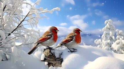 Two european robins sitting on a branch in the winter forest