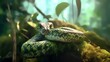 Close-up of a green pit viper in a terrarium