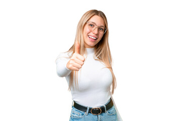 Wall Mural - Young pretty blonde woman over isolated chroma key background with thumbs up because something good has happened