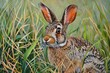 A captivating image of a cottontail rabbit playfully hopping through a field of tall grass, its ears perked with alertness and its nose twitching with curiosity.