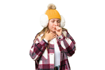 Poster - Young pretty blonde woman wearing winter muffs over isolated chroma key background is suffering with cough and feeling bad