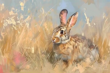 Wall Mural - A captivating image of a cottontail rabbit playfully hopping through a field of tall grass, its ears perked with alertness and its nose twitching with curiosity.