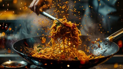 Wall Mural - A chef expertly tossing wok-fried noodles in a fiery chili sauce, creating a tantalizing aroma that fills the air with spice.